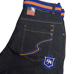Red Ape Dark Wash Belted Embroidered Denim Jeans Mens 36x33 Style‎ 4291J Y2K NEW